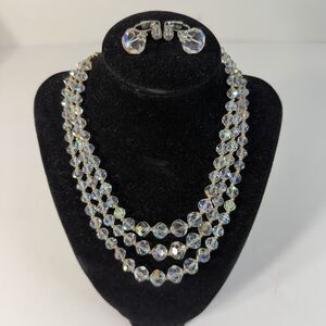 Vtg 3 Strand Aurora Borealis Crystal Bead Gold Tone Necklace w Laguna Earrings